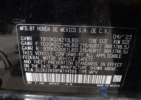 2023 Honda Hr-V Awd Lx from USA, damaged, VIN 3CZRZ2H39PM744589